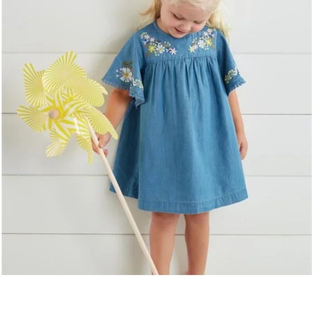 Mud Pie Denim Blue Kids Dress with Floral Accents LN